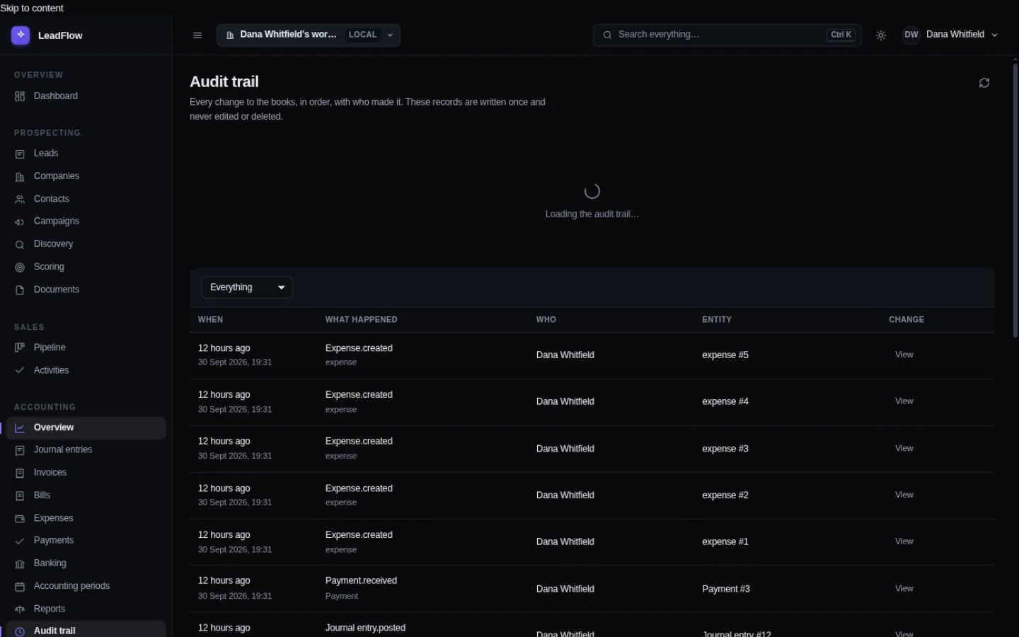 The FoundrySuite audit log: who changed which record, when, and what they changed it from.