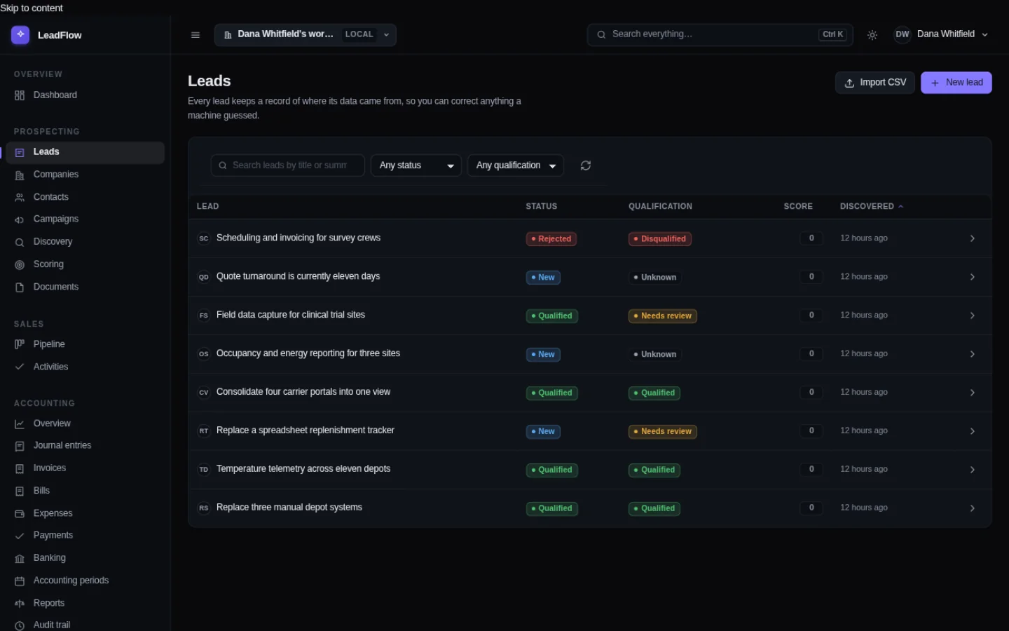 The FoundrySuite lead list: every enquiry with its source, its owner and the next action due.