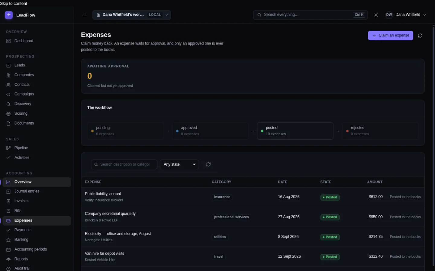 The expenses screen listing ten expenses with payee, category, amount and approval status.