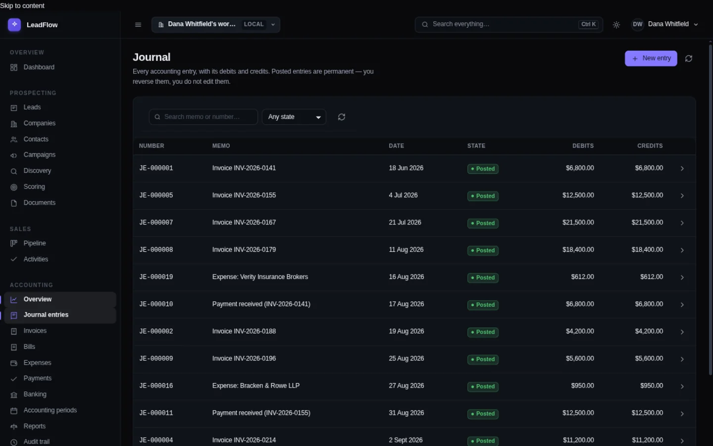The journal screen showing posted entries JE-000001 onward, each generated from a source document such as an invoice.