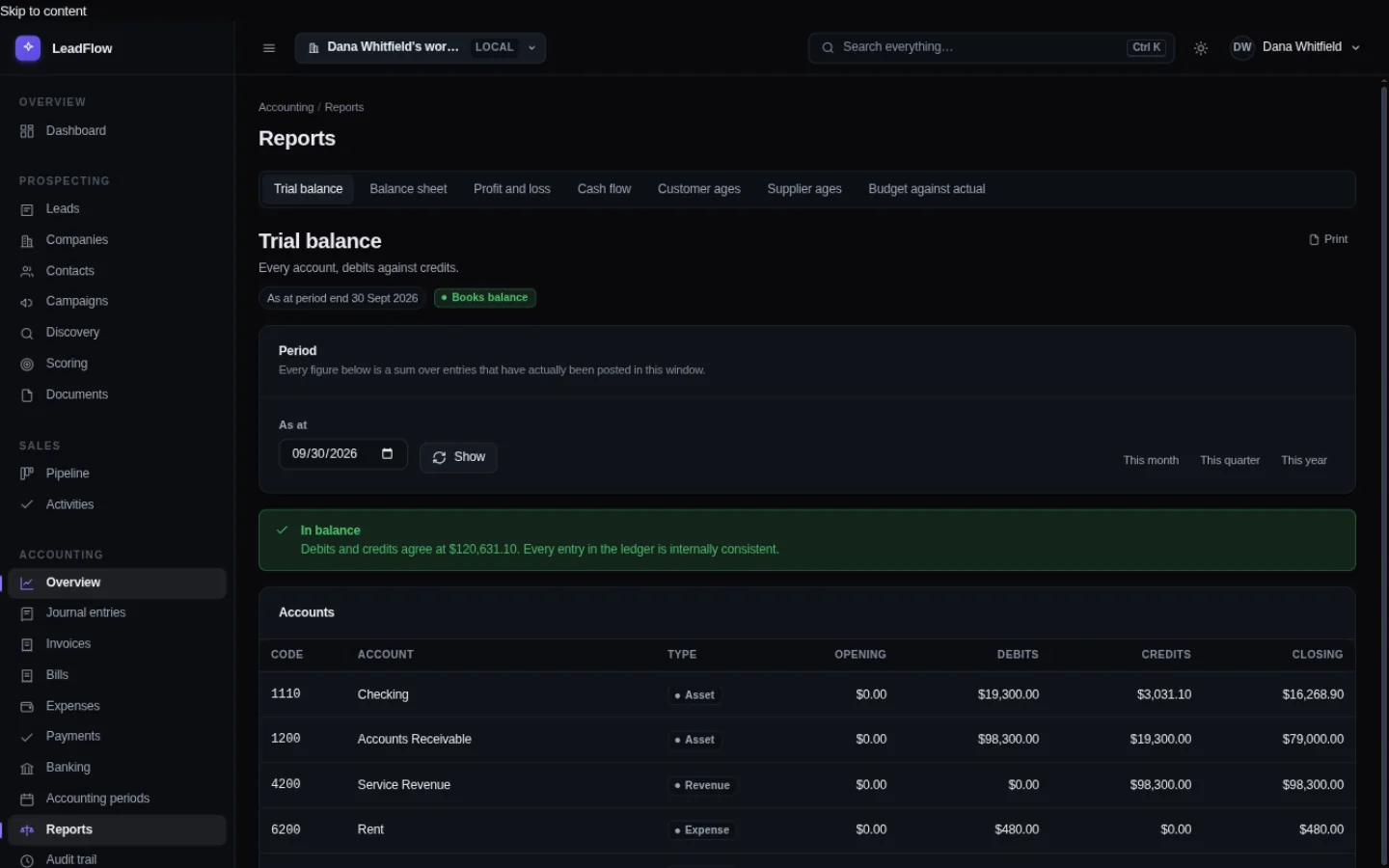 The trial balance report listing every account with its debits and credits, totalling to the same figure on both sides.